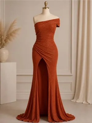 One-Shoulder Rust Evening Dress with High Front Slit thumbnail 2