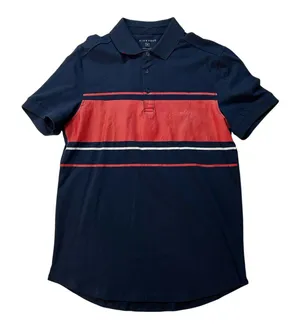 Five Four Darnell Shirt Short Sleeve Polo Medium Navy Blue Red Stripe Cotton Golf thumbnail 1