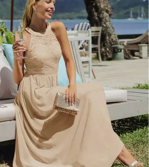 Formal cream color maxi halter Long Prom/ bridesmaid wedding dress size 2XL new thumbnail 1