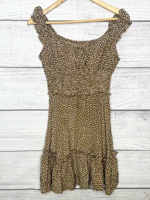 Brown & White Polka Dot Smocked Sleeveless Mini Dress with Ruffle Hem Size Small thumbnail 2