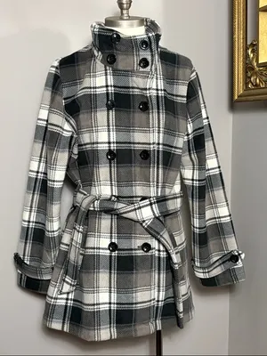 Ike Behar XL Soft Plaid Double Breasted Pea Coat in Black Gray & Taupe thumbnail 2