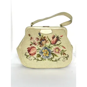 Vintage 50's Needlepoint Floral Purse Handbag Pockets Coin Purse Beige thumbnail 2