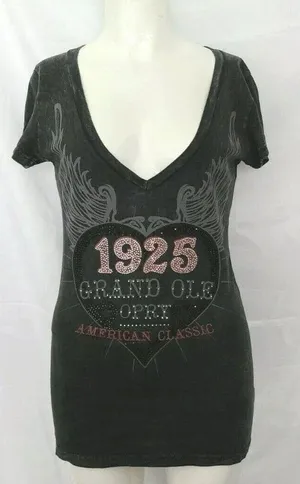 Black Grand Ole Opry Cap Sleeve Women's Top Winged Heart Country Music Sz Medium thumbnail 1