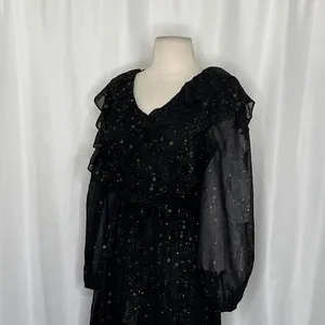 BY THE RIVER Chiffon Midi Dress Ruffled Black Gold Stars Party Glam Star Small‎ thumbnail 7