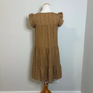 Ruffle Sleeve Tiered Midi Long Short Sleeve Alredine Dress NWOT Casual‎ Brown XS thumbnail 3