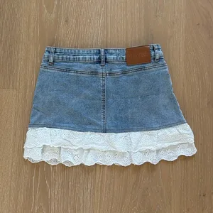 White Fox Run It Up Frill Denim Mini Skirt with Lace Size S in Blue White thumbnail 2