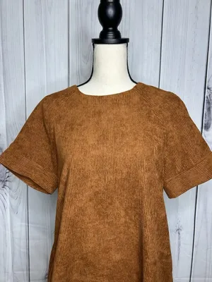 Loveriche Dress Women's Sz S Brown Corduroy Short Sleeve thumbnail 2