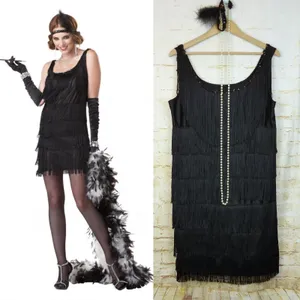 California Costume Fashion Flapper Fringe Dress Women XL Black Headband Necklace thumbnail 1