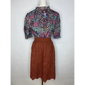 Lottie Rust Brown Eyelet Embroidered Scalloped Mini Skirt Boho Drawstring Waist‎ thumbnail 4