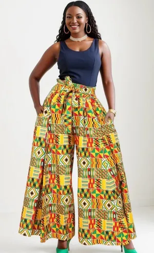 Women’s Boho Tribal Print Wide Leg Palazzo Pants Orange Brown thumbnail 1