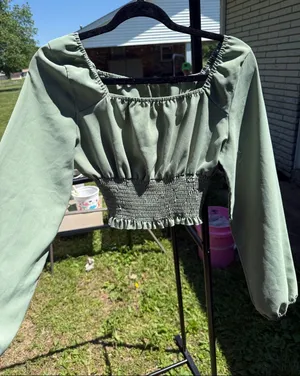 SHEIN Sage Green Smocked Crop Peasant Top thumbnail 1