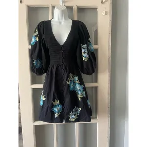 ASOS DESIGN cotton poplin embroidery shirred bodice mini dress in black thumbnail 5