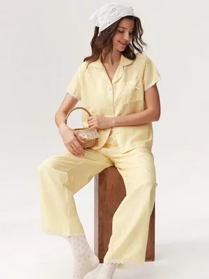 Yellow striped lace trim pajama set thumbnail 3