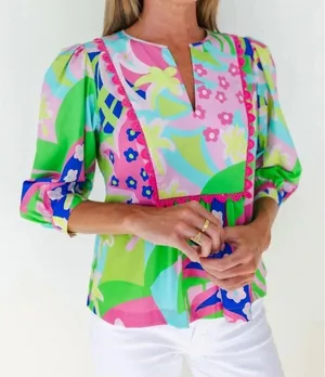 NEW $188 Mary George Stella Top Sz M Bright Color Paradise Punch RicRac Cotton thumbnail 1