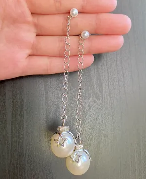 Handmade Kawaii star pearl long chain dangle earrings 🥰🌹 thumbnail 2