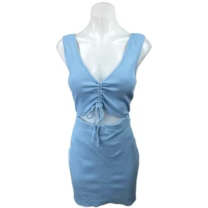 Lulus Go With You Light Blue Ribbed Ruched Cutout Sleeveless Bodycon Dress Sz L thumbnail 4