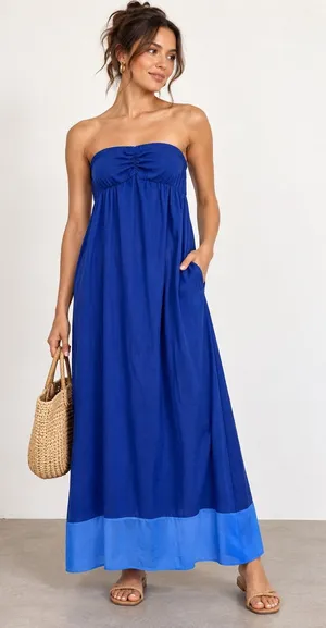 Tommy Bahama Royal Blue Strapless Maxi Dress Smocked Back Pockets TSW11101C M thumbnail 1