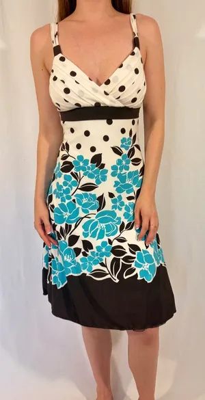 Polka Dot White Brown and Blue Floral Knee Length Y2K Dress thumbnail 1