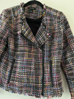 Halogen Black Multicolor Tweed Moto Blazer Jacket Small Petite Fringe Preppy thumbnail 3