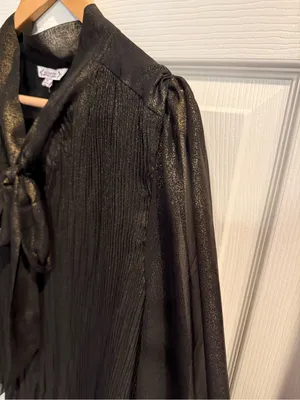 Nanette Lepore Metallic Shimmer Black Gold Pleated Bow Neck Top thumbnail 7