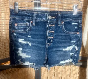 AEO Hi-Rise Shortie Distressed Dark Blue Denim Cutoffs thumbnail 1