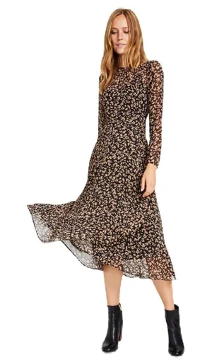 Tommy Hilfiger Crossover Hem Black Tan Floral Midi Dress‎ Sheer Chiffon Size 8 thumbnail 1
