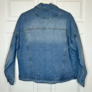 Forever 21 Denim Jean‎ Jacket Floral Embroidered Frayed Hem Oversized thumbnail 5