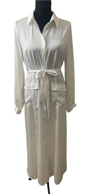 Modest Minimalist Pinch Ivory Satin Long Sleeve Belted Shirt Midi Dress Capsule thumbnail 1