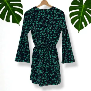 ASOS Subdued Emerald Leaf Floral Print Ruffle Tiered Flare Sleeve Dress thumbnail 5