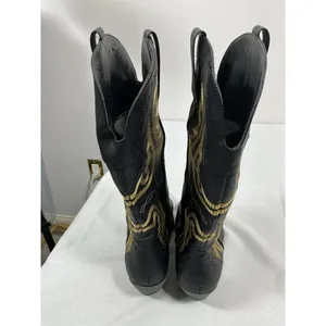 Womans Pullon Midcalf Cowgirl Boots 9 Black Gold Heel Stitching NWOT thumbnail 4