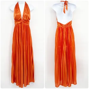 Hello Molly Womens Shimmering Sea Pleated Halter Resortwear Maxi Dress Orange 4‎ thumbnail 3