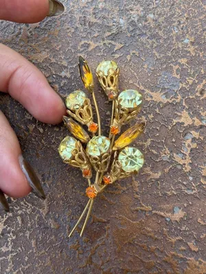 Swarovski Vintage 1960s brooch with gold-tone metal and light green and orange rhinestones arranged in a floral cluster design -no brand stamp thumbnail 2
