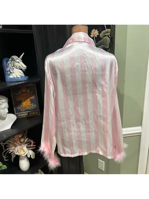 Linea Donatella Pink Stripe Feather‑Trim Pajama Set – Size Large thumbnail 9