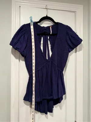 NWOT Free People Size L Blue Smocked Puff Sleeve Open Tie Back Babydoll Top thumbnail 6