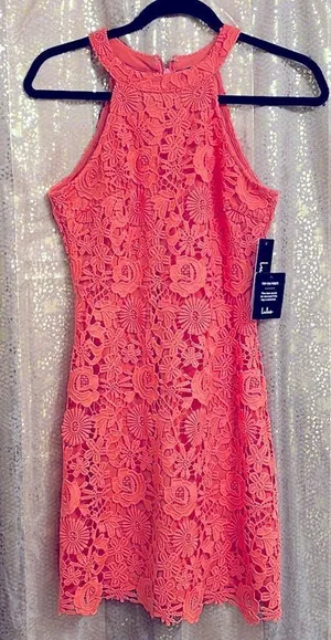 Lulus‎ Love Poem bright coral orange lace mini dress, size S, NWT thumbnail 1