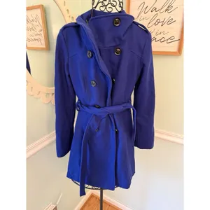 Guess Trench Coat Womens Small Blue Good Wool Blend‎ Double Breasted Belted thumbnail 2