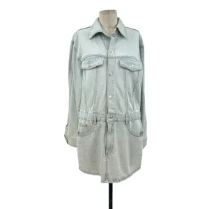 Zara Denim Short Mini Dress Light Wash Blue Long Sleeves Coverall Size Large‎ thumbnail 3