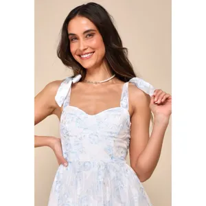 Lulus White Baby Blue Floral Burnout Tie-Strap Sweetheart Midi Dress Size M thumbnail 3