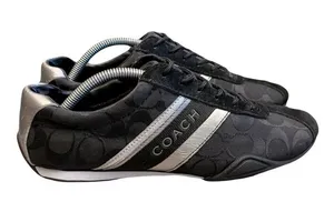 Coach Jayme Sneaker Signature Black Canvas Silver Leather Trim Size 10 thumbnail 1