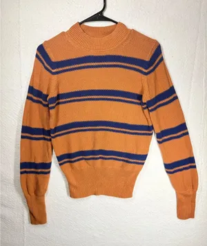 Sweater S Orange Navy Striped Mock Neck Knit Long Sleeve Pullover thumbnail 1