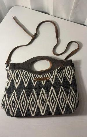 Myra Bag Azure Printed Aztec Womens Brown Tan Canvas Leather Print Boho Shoulder thumbnail 1