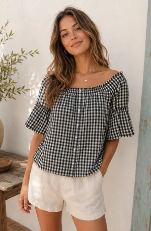 Abercrombie & Fitch Top Women’s S Black White Gingham Off Shoulder Bell Sleeve thumbnail 1