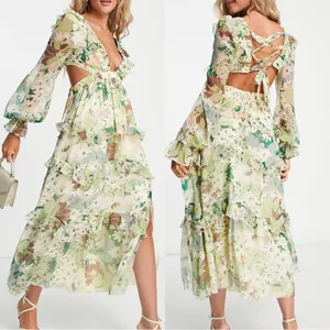 NWT ASOS DESIGN Tiered Ruffle Floral Strappy Lace Up Back Midi Dress ~ 6💛 thumbnail 17