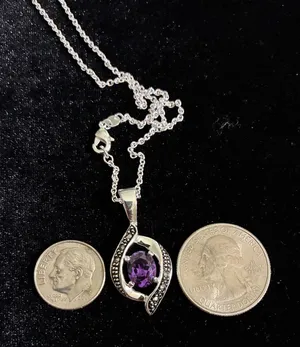 Elegant Silver tone and Purple Pendant Necklace 18” thumbnail 1