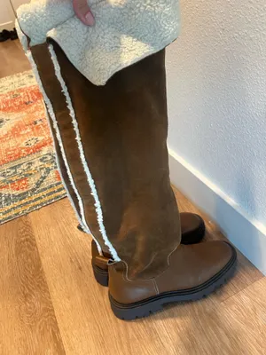 Zara Brown Cognac Chestnut Leather Suede Shearling Over the Knee High Tall Boots thumbnail 5