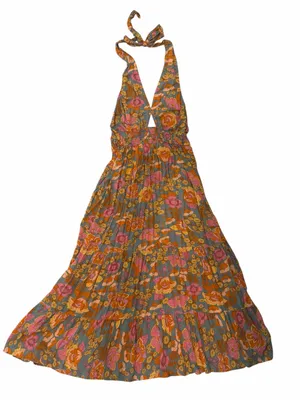 ZESICA Boho Retro Floral Halter Maxi Dress Pink Orange Tiered Sun Dress Large thumbnail 13