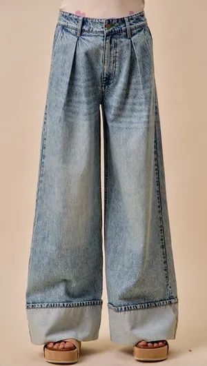 SO ME Mid Rise Plated Wid Leg Denim Jean - Medium‎ thumbnail 1