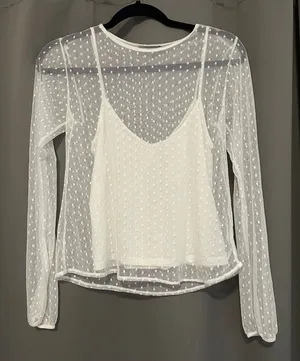 Bershka White Sheer lace Dot Long Sleeve Top Layered Look Size‎ S thumbnail 1