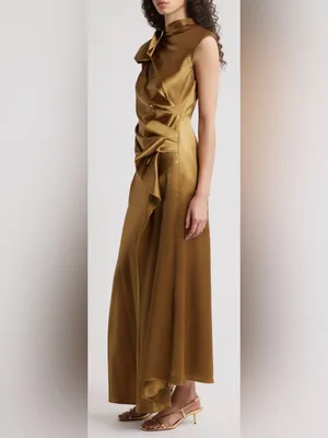 NEW ACLER Ramshaw Metallic Pleated Satin Gown golden moss Sz 4 thumbnail 3