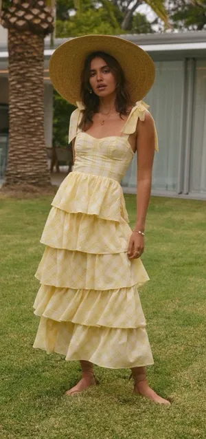 Sofie the Label Dalia Yellow Gingham Tiered Maxi Dress thumbnail 1